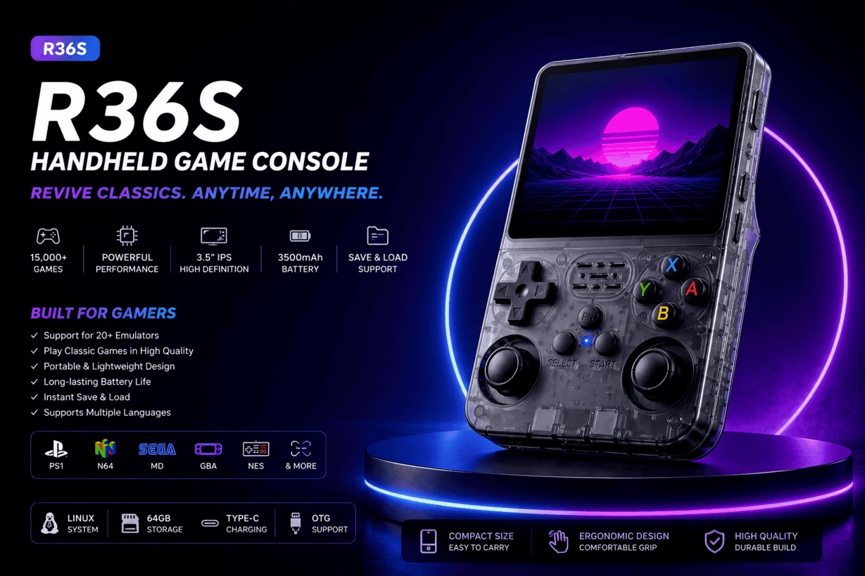 R36S retro handheld IPS display showing pixel-perfect classic games