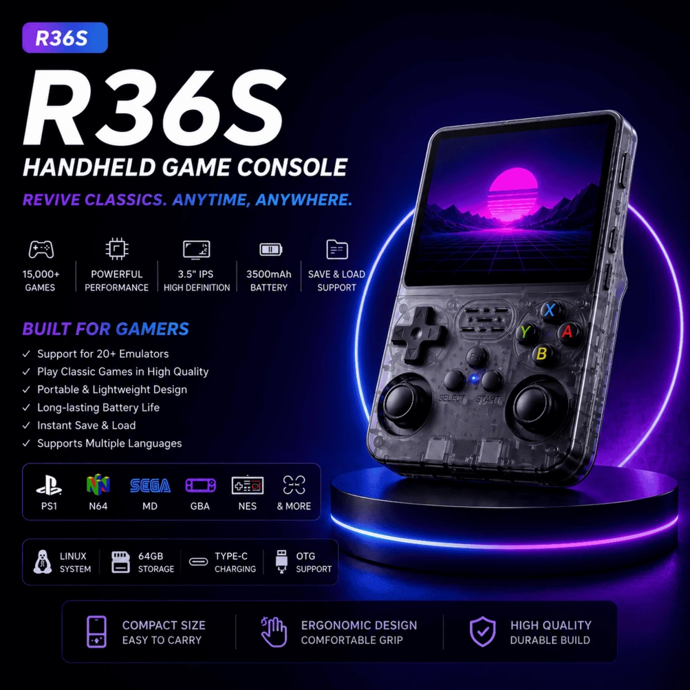 R36S retro handheld gaming console — Space Black